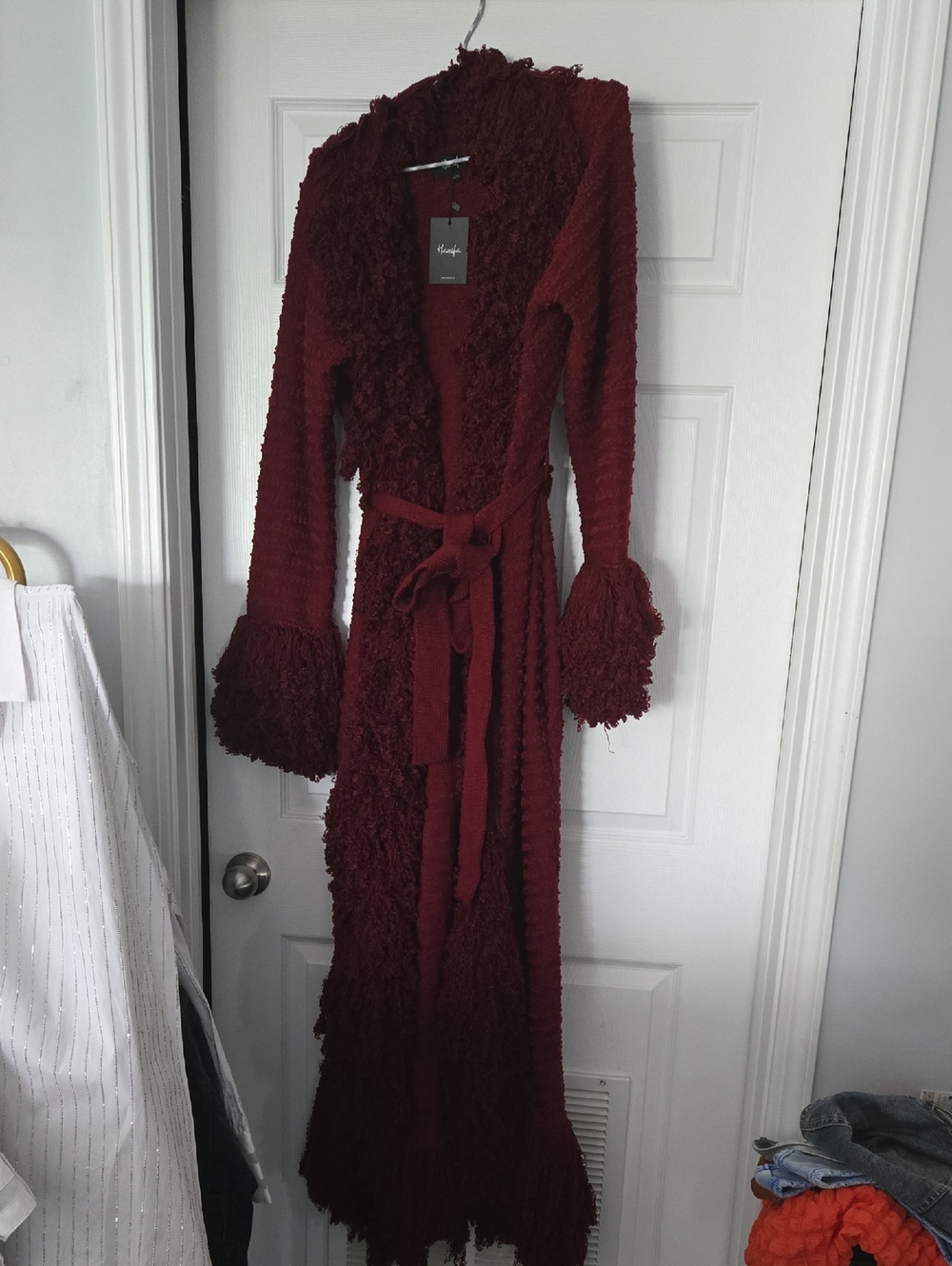 Cozy Long Women's Robe in Deep Burgundy with Textured Trim